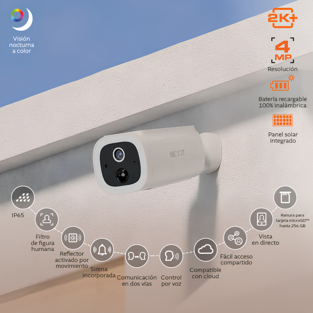 Cámara Inteligente Wi-Fi Nexxt Home 2K QHD con Panel Solar Integrado para Exterior NHC-OF30S