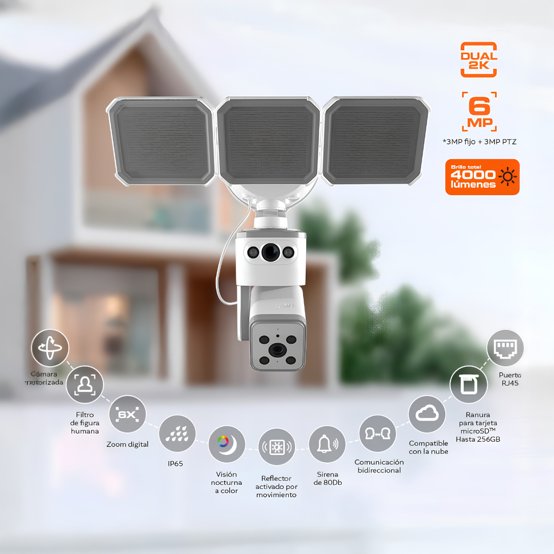 Cámara Inteligente Wi-Fi Nexxt Home Doble Lente PTZ 2K QHD con Reflector para Exterior NHC-FP50DL