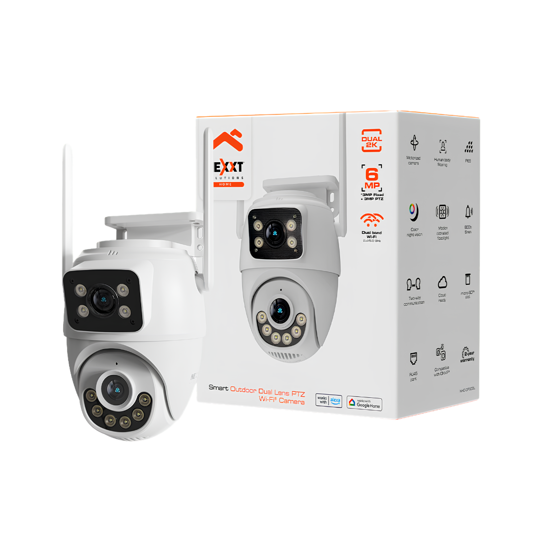 Cámara Inteligente Wi-Fi Nexxt Home Doble Lente PTZ 2K QHD para Exterior NHC-OP30DL con Visión Nocturna y Audio Bidireccional