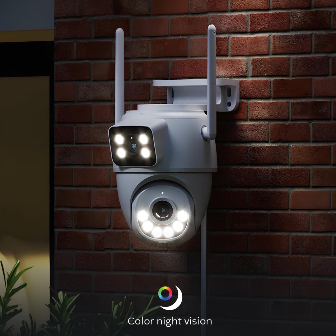 Cámara Inteligente Wi-Fi Nexxt Home Doble Lente PTZ 2K QHD para Exterior NHC-OP30DL con Visión Nocturna y Audio Bidireccional
