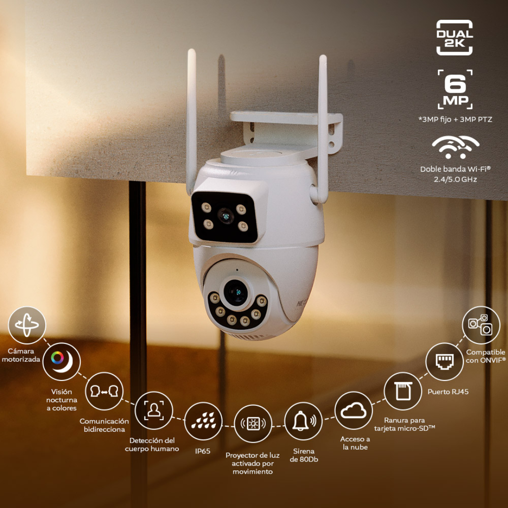 Cámara Inteligente Wi-Fi Nexxt Home Doble Lente PTZ 2K QHD para Exterior NHC-OP30DL con Visión Nocturna y Audio Bidireccional