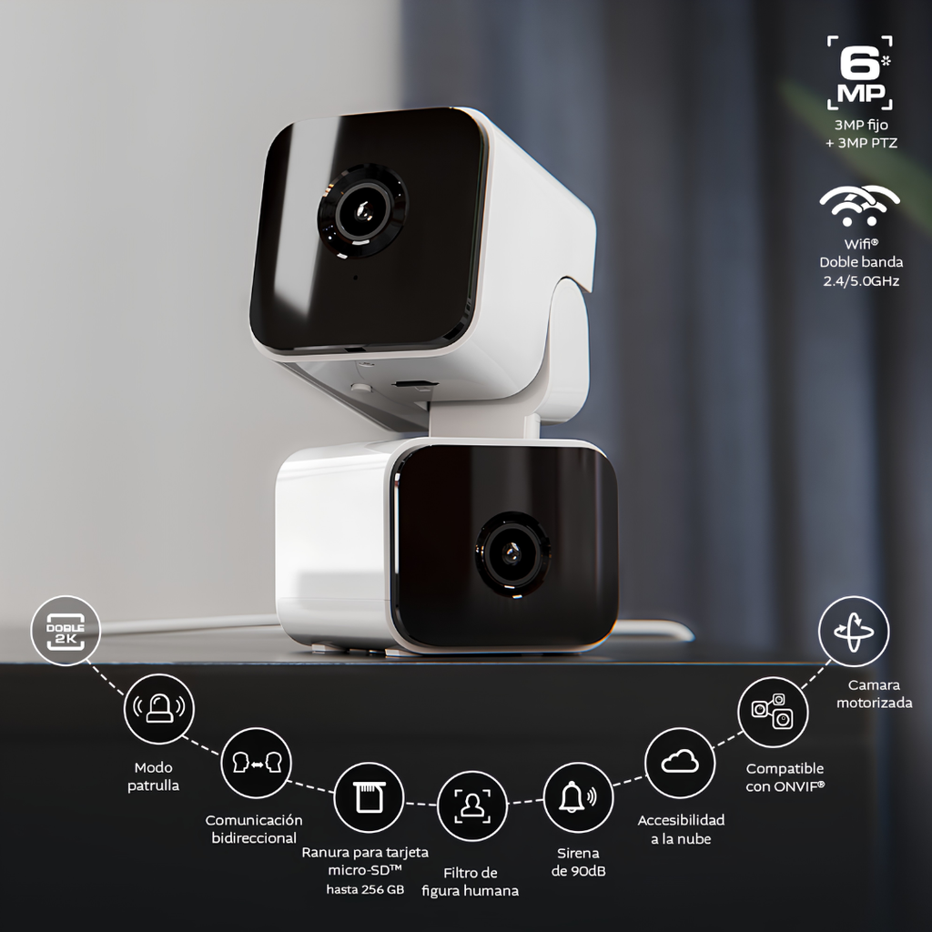 Cámara Inteligente Wi-Fi PTZ de Doble Lente Nexxt Home 2K QHD NHC-IP30DL para Interior con Audio Bidireccional