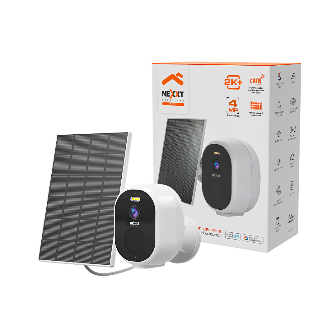 Cámara Solar Inteligente Wi-Fi Nexxt Home 2K+ para Interior y Exterior NHC-OF20S con Panel Solar, Visión Nocturna y Audio Bidireccional