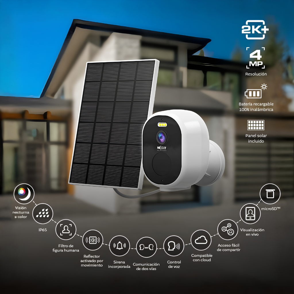 Cámara Solar Inteligente Wi-Fi Nexxt Home 2K+ para Interior y Exterior NHC-OF20S con Panel Solar, Visión Nocturna y Audio Bidireccional
