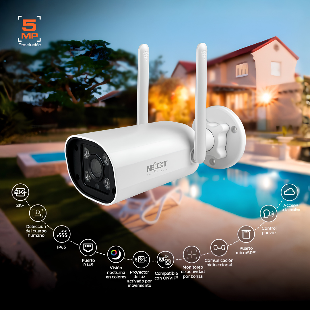 Cámara de Seguridad Nexxt Home NHC-OF10 Wi-Fi 2K+ 5MP para Exterior IP65 con Visión Nocturna