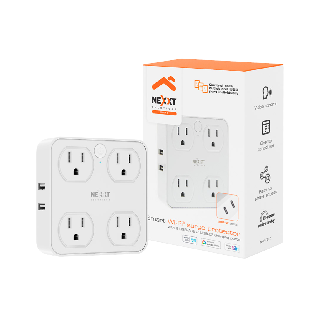 Protector de Sobretensión Inteligente Nexxt Home NHP-T615 Wi-Fi 1875W 900J con 4 Tomacorrientes, USB-A y USB-C