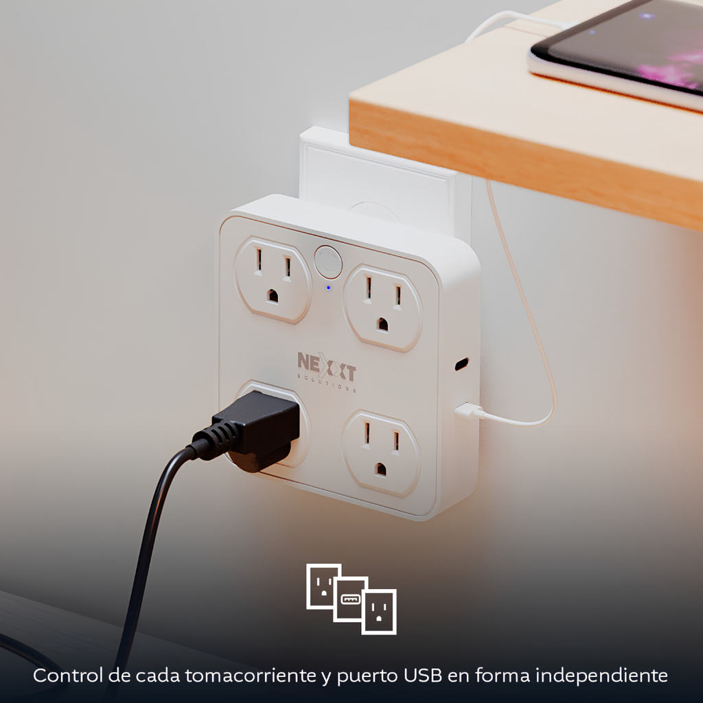Protector de Sobretensión Inteligente Nexxt Home NHP-T615 Wi-Fi 1875W 900J con 4 Tomacorrientes, USB-A y USB-C
