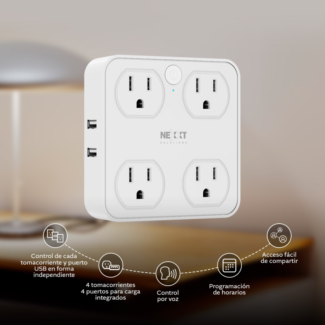 Protector de Sobretensión Inteligente Nexxt Home NHP-T615 Wi-Fi 1875W 900J con 4 Tomacorrientes, USB-A y USB-C